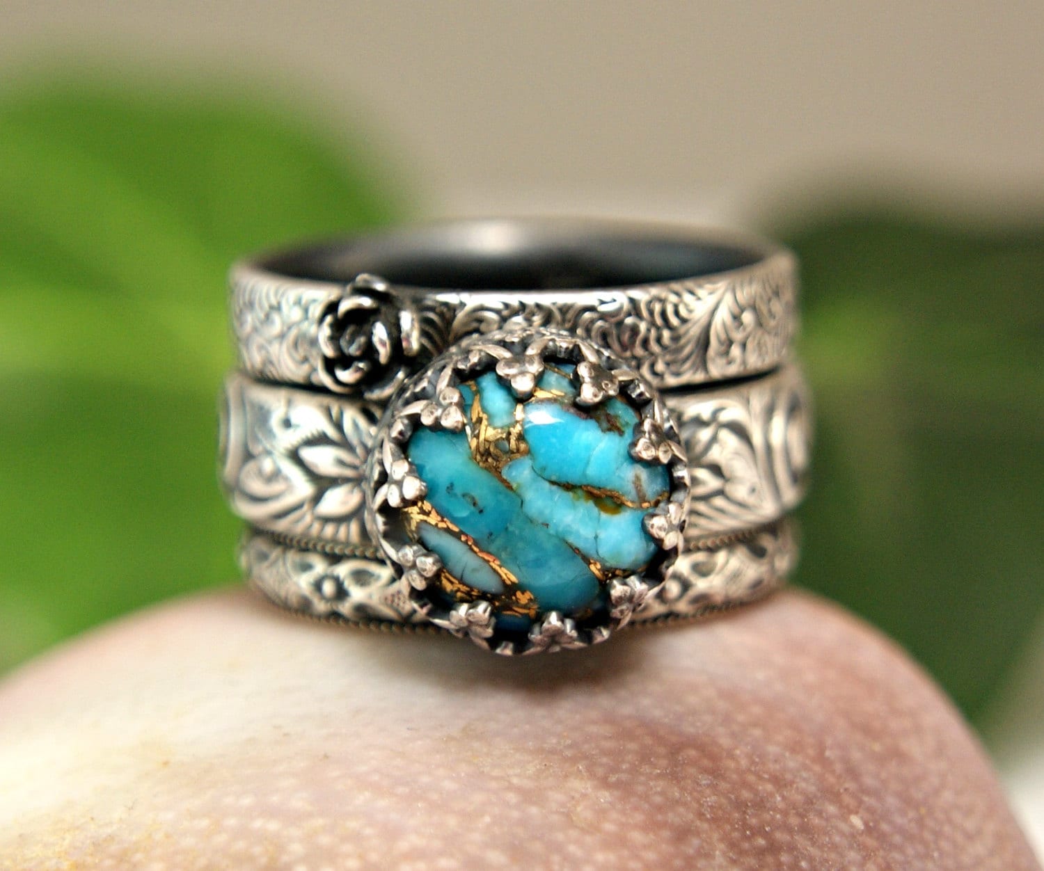Vintage Style Copper Turquoise Stacking Rings Three Ring Set