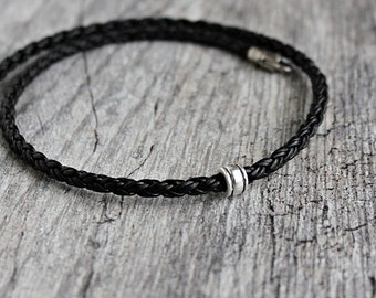 necklace mens leather braid silver