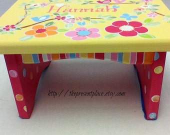 Hand painted personalized step stool,girls step stool,children's bench,kids furniture,kid's step stool,yellow and pink,flowers and animals