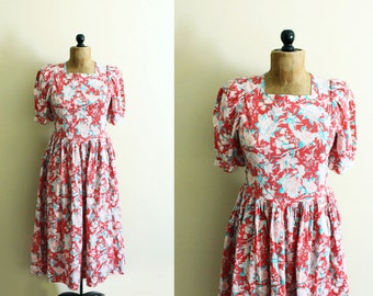 vintage dress laura ashley 1980's floral print pink green romantic clothing size medium m 10