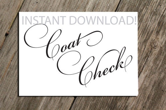 Coat Check Sign 5x7 PRINT at HOME Wedding Event Party