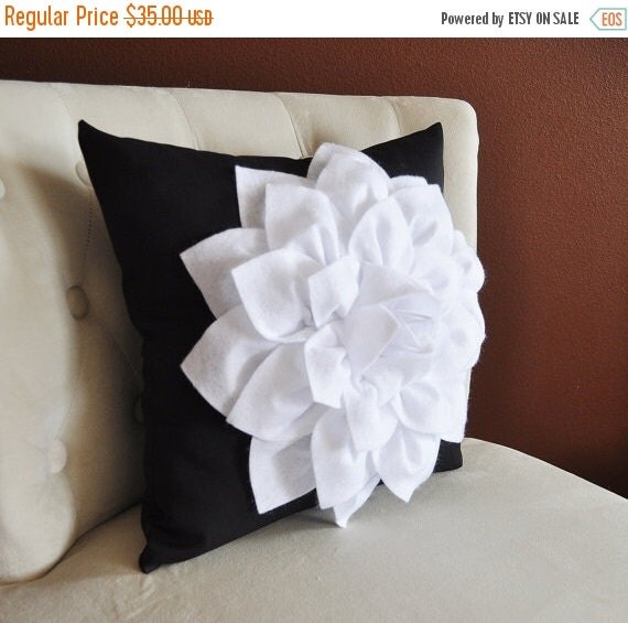 SALE Decorative Throw Pillow White Dahlia Flower on Black Pillow 