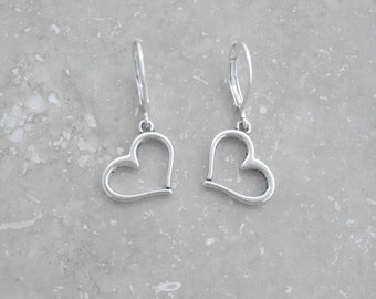 Love Heart Earrings, dainty earrings, leverback earrings, dangle earrings, everyday earrings, minimalist jewelry, lightweight earrings