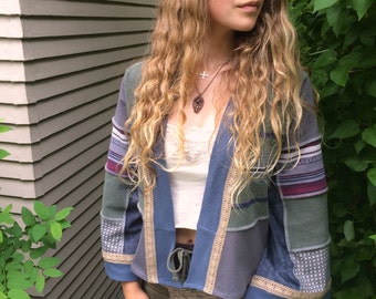 Patchwork Wrap Jacket,size XS to S/M, kimono jacket, eco clothing,boho wrap,festival jacket,hippy jacket,earthy stripe cropped jacket Zasra