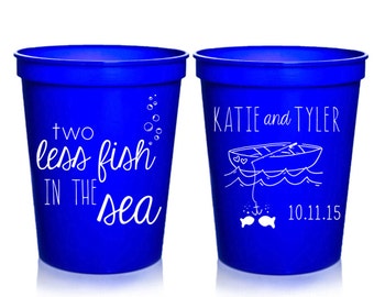 Beach Wedding Favors - 2 Less Fish in the Sea Personalized Wedding Cups, Reception Favors for Guests, Shower Party Cups, 16 oz. Stadium Cups