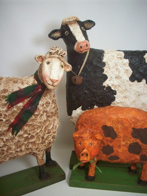 Primitive Paper Mache Folk Art Farm Animals Cow Sheep Pig