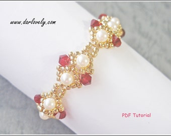 Beaded Bracelet Tutorial Pattern - Red Golden Pearl Bracelet (BB103) - Beading Jewelry PDF Tutorial (Digital Download)