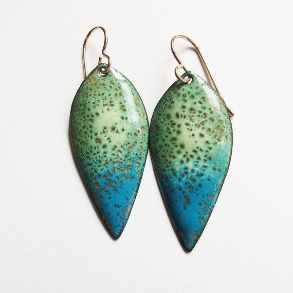 Enamel dangle earrings Green turquoise leaf drop earrings One
