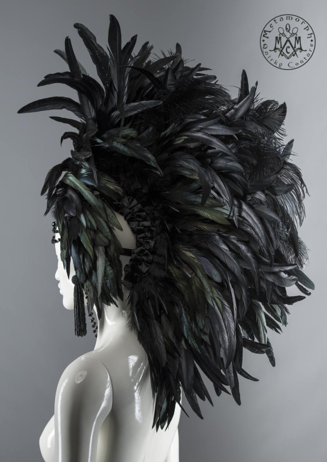 Black feather Mohawk headdress / Steampunk beaded Mohawk