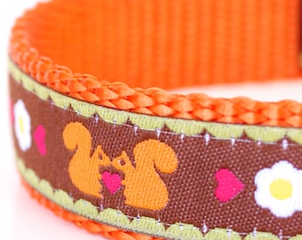 Orange Squirrels Dog Collar, Adjustable Ribbon Pet Collar, Woodland