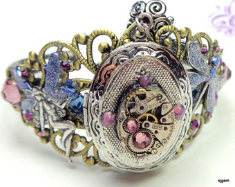 Steampunk Locket Bracelet,Dragonfly,Fairy,Ruby Jeweled Watch Movement,Purple Swarovski Crystals,Neo Victorian,Vintage Style,Steam Punk Cuff