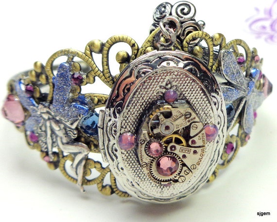 Steampunk Locket Bracelet,Dragonfly,Fairy,Ruby Jeweled Watch Movement,Purple Swarovski Crystals,Neo Victorian,Vintage Style,Steam Punk Cuff by STEAMPUNKitis steampunk buy now online