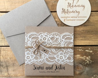 Rustic Wedding Invitation - Rustic Vintage Lace Square Invitation SAMPLE
