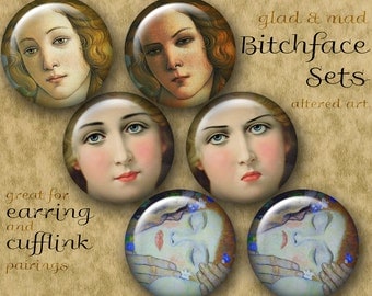 1 inch BITCHFACE Digital Printable Circles collage sheets for Jewelry Pendants Magnets Crafts...Altered Art Angry Women
