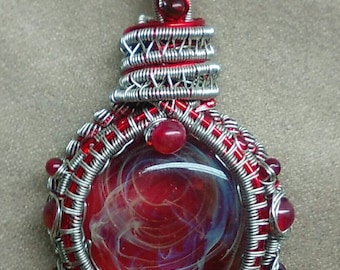 Gift for Her, Wire Wrapped Red Nebula Glass Marble Pendant, JericGlass