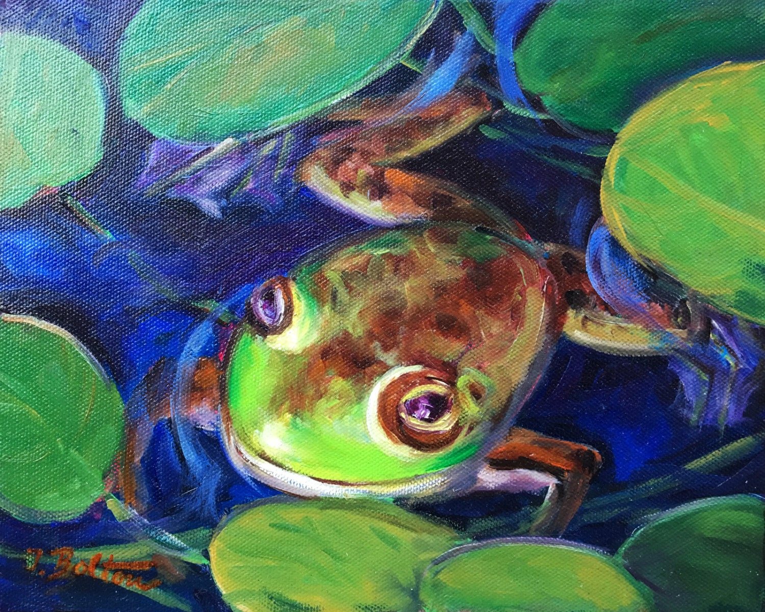 Frog Original Oil Painting on Canvas Green Frog in Water