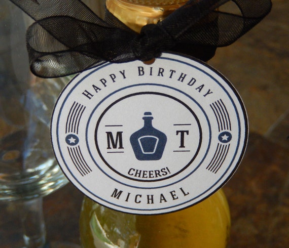 50 Liquor Bottle or Mini Wine or Champagne Bottle Custom 2" Favor Tags - Happy Birthday Cheers! - Party Gift Favors - Masculine Printed Tags Il_570xn