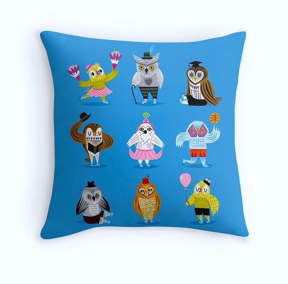 Owls Wearing Outfits - illustrated Cushion Cover / Throw Pillow (16" x 16") by Oliver Lake