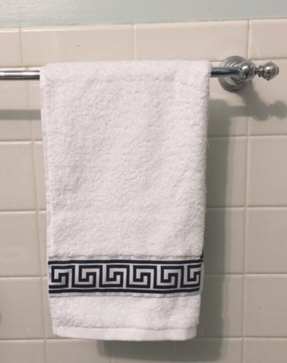 Navy Blue and White Greek Key trimmed hand towel