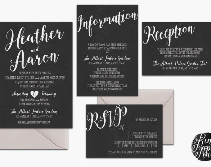 Printable Rustic Wedding Invitation Suite v.2, Chalkboard, Kraft, 4pcs. Set, Calligraphy Style, I will customize for you