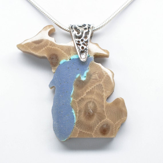 Michigan Shaped Petoskey Stone Pendant with Leland Blue and