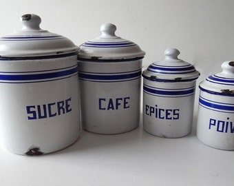 RESERVED FOR WILKIE 4 French Vintage Enamelware Canisters Complete Set with Lids Blue and White