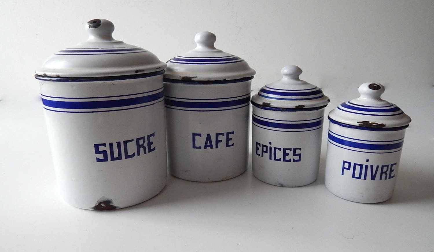 4 French Vintage Enamelware Canisters Complete Set with Lids