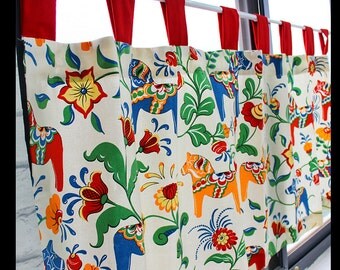 Cafe Curtain Window Valance/Window Treatment Topper/Kitchen/Bathroom/Kids Nursery Living Room-Cotton Swedish Dala Horse Flower,GET FREE GIFT