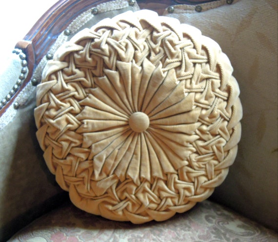 Vintage Mid Century Corduroy Round Pillow Gold Pillow / Down