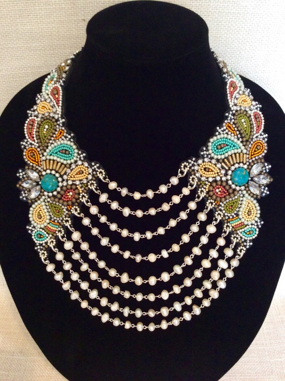 Bead Embroidery Necklace with Freshwater Pearls Statement
