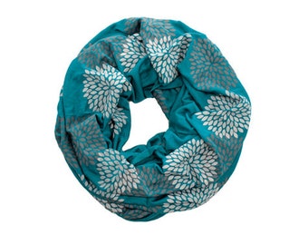 INFINITY SCARF - Screen Printed - Gray Double Flowers on Turquoise