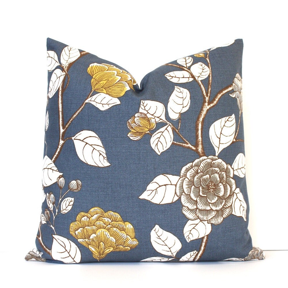 Slate Blue Floral Decorative Designer Pillow by WhitlockandCo