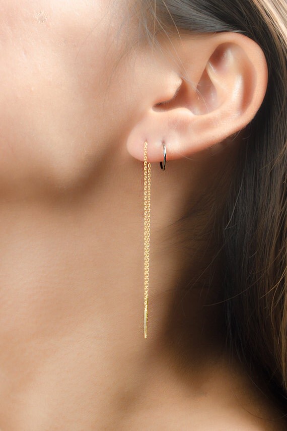Long Chain Earrings Yellow Gold Threader Earrings by lunaijewelry