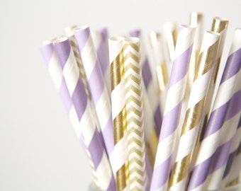 Purple and Gold Paper Straws . Baby Shower Decor, Wedding Decorations, Girls 1st Birthday Party, Cake Table
