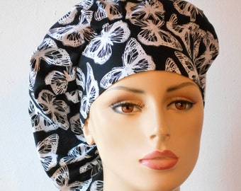 Scrub Hats Bouffant Surgical Scrub Hat - Black with White Butterflies Medical Scrub Hat with a Matching Headband