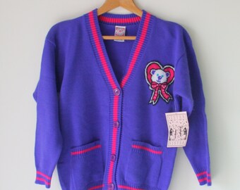 Vintage BEST FRIENDS Sweater..size 10 12 girls...knit. sweater. bright. urban. kitsch. retro kids. 1980s. pretty. sister. bear. purple. pink