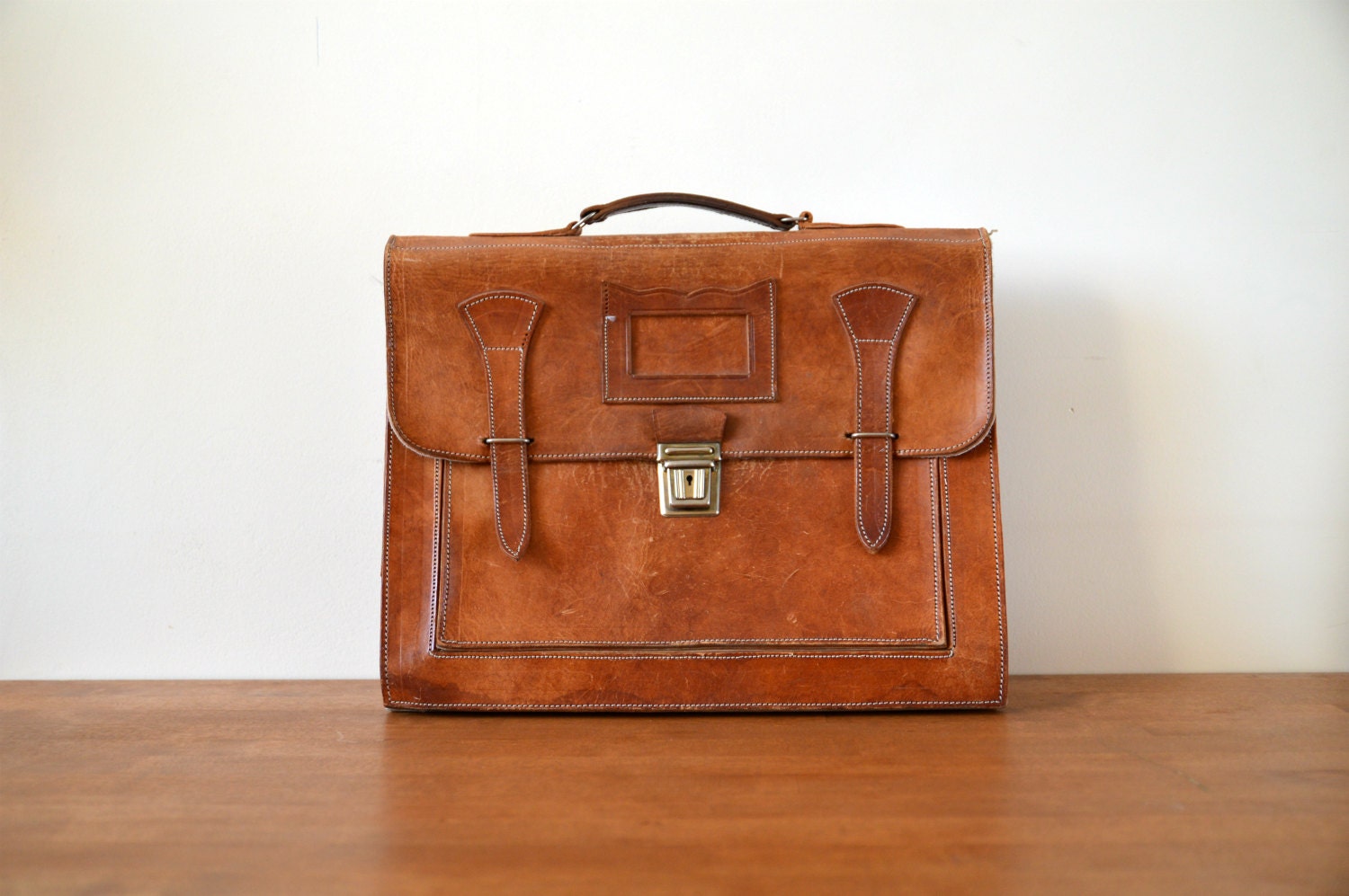 Leather Briefcase Mens Portfolio Vintage Unisex 1980s Brown