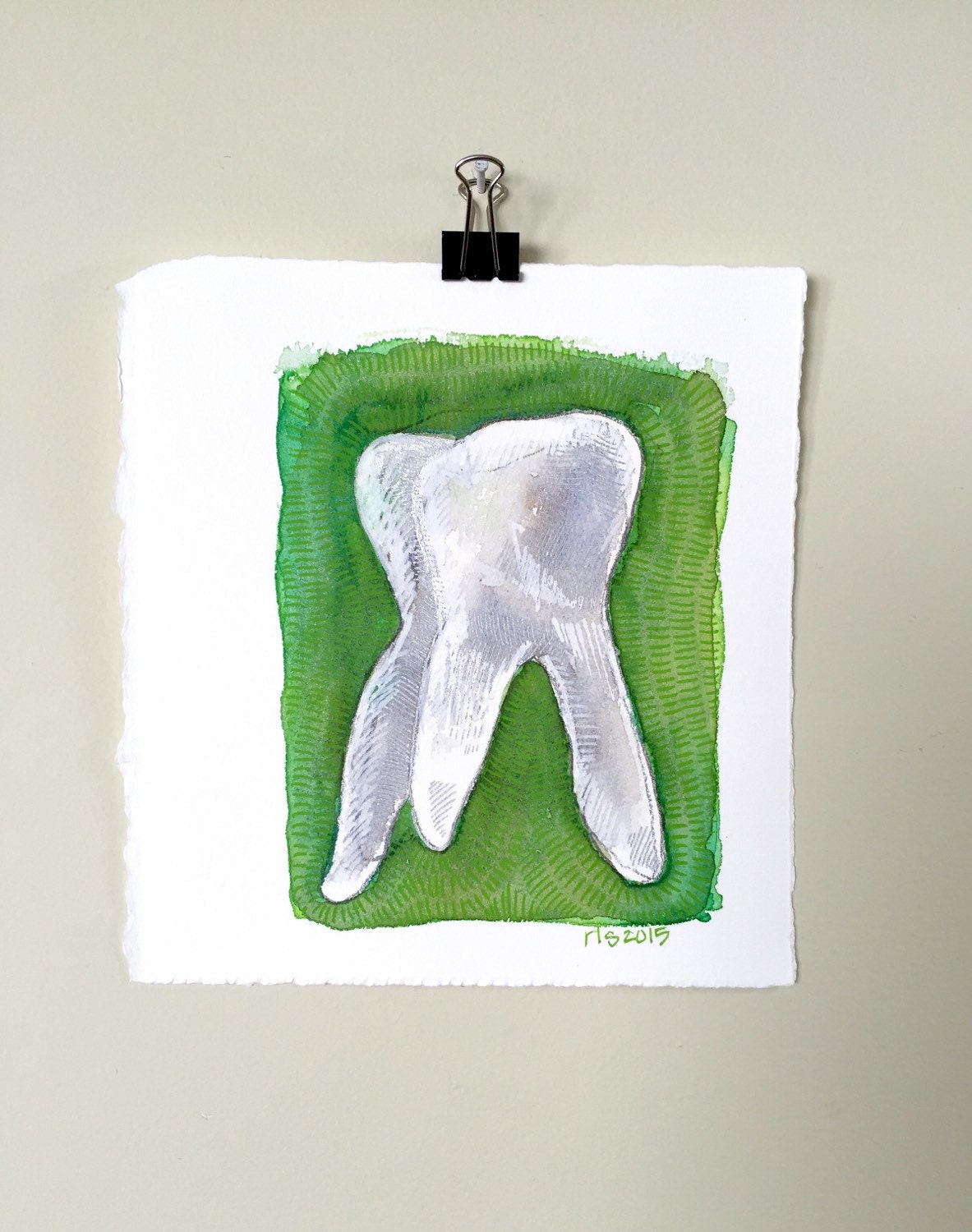 Green Tooth. An original dental watercolor painting.