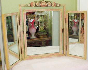 Vintage Pink Barbola ROSES MIRROR Ribbons 3-Panel Dresser Vanity MIRROR French Cottage Chic