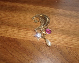 vintage pin brooch goldtone moon stars faux pearl dangles