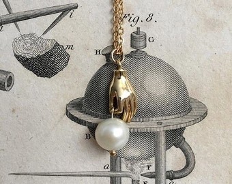Thayer Necklace - mystical palmistry hand long necklace - gold plated 18k - freshwater pearl victorian heirloom bridal jewelry bohemian