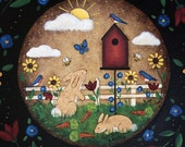 Primitive Folk Art Painting MADE TO ORDER Spring Wood Plate with Birdhouse, Bunnies, Bluebirds, Flowers, Primitive Colors, Sunshine, Tulips