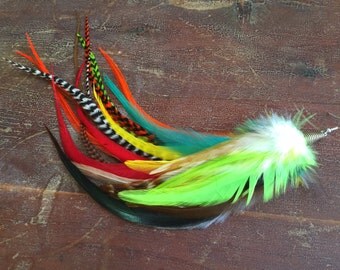 Single Feather Earring Pixie Colorful Feathers Long Earring Solo Red, Yellow, Orange, Green, Grizzly OOAK