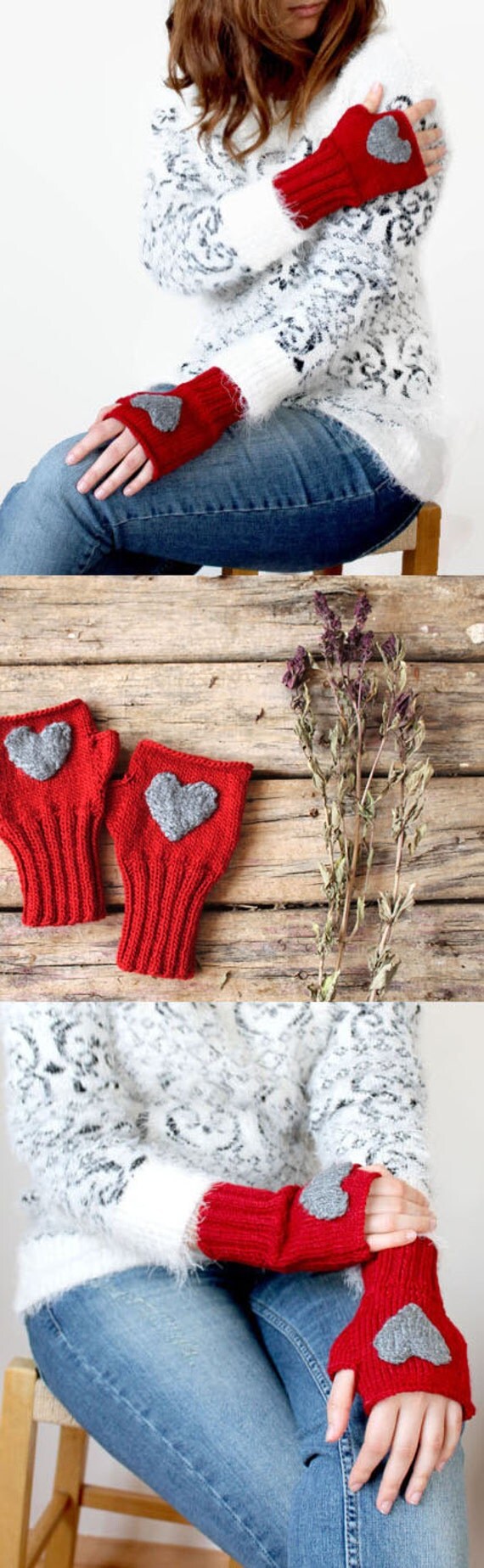 Heart Fingerless gloves . Knitting . fashion . Girls women