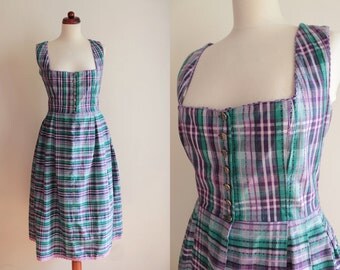 Vintage Dirndl Dress - Plaid Dirndl Dress - Rose Dirndl - Size L