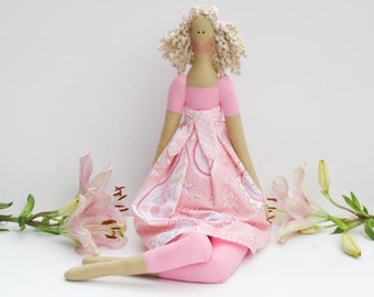 Fabric doll light pink paisley stuffed doll blonde cloth doll rag doll - cute softie child friendly doll toy gift for girls