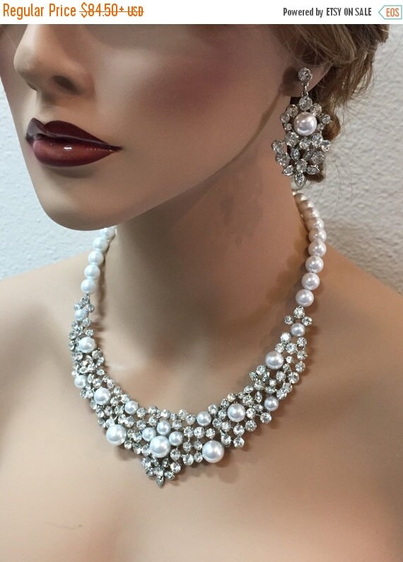 bridal jewelry set, Bridal necklace earrings, back drop necklace, pearl ...