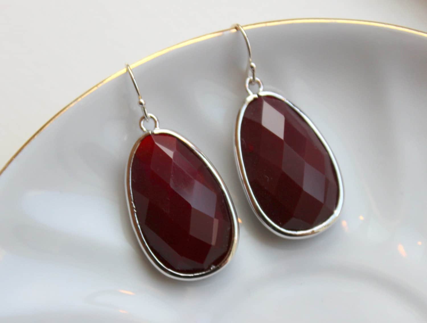 Large Silver Burgundy Earrings Maroon Jewelry Teardrop Glass