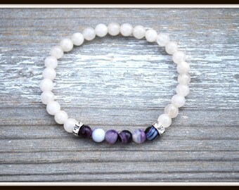 Women's White Jade Bracelet, Purple Agate Bracelet, Purple and White Bracelet, White Jade Stretch Bracelet, Jade Stacking Bracelet