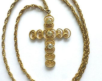 Openwork GOLDTONE RHINESTONE Cross, Vintage Lightweight Feminine Cross, Goldtone Cross with Neck Chain, Vintage Cross Necklace, Gift for Her